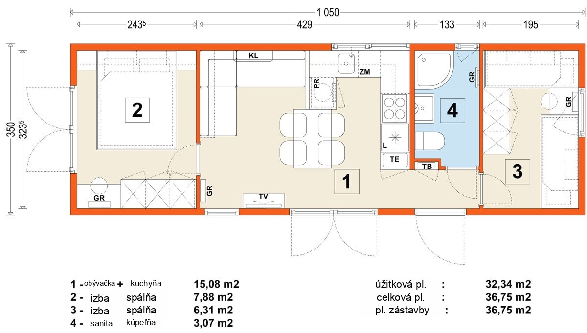 Mobilný dom C – variant 8 – pôdorys