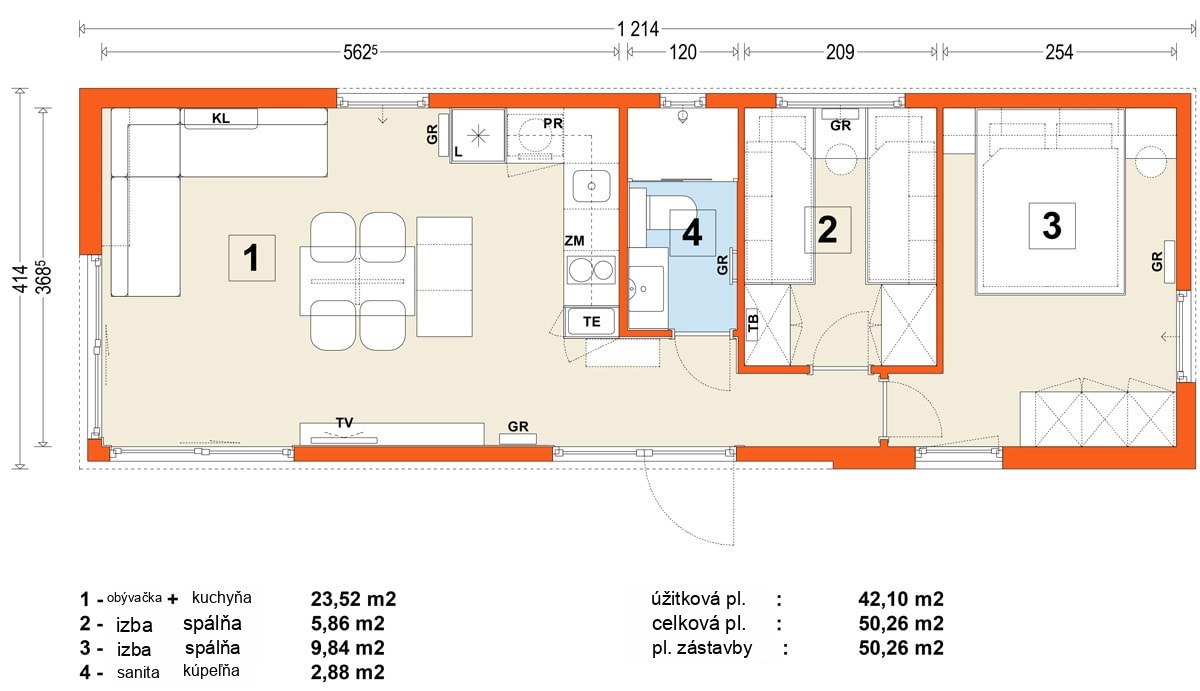 Mobilný dom D – variant 2 – pôdorys