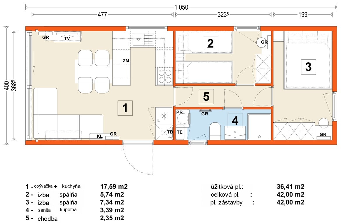 Mobilný dom E – variant 4 – pôdorys