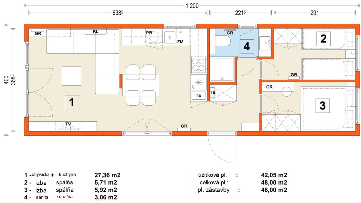 Mobilný dom E – variant 9 – pôdorys