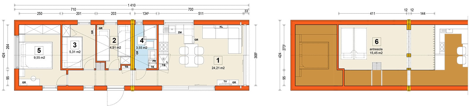 Mobilný dom F3 – variant – pôdorys